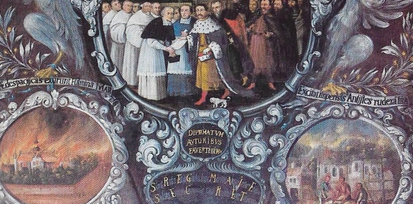 Obraz z bazyliki w Koronowie przedstawiający rzekome przybycie króla Jana III Sobieskiego. Na dole uwieczniony jest pożar konwentu, który nastąpił w czasie wojny polsko-szwedzkiej. Kolejne malowidło prezentuje odbudowę zdewastowanego kompleksu
